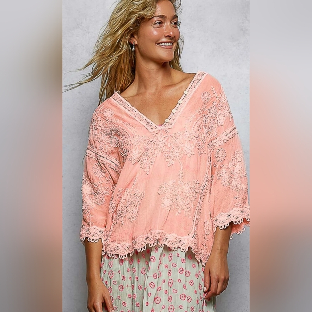 💖 Romantic Coral Lace Embroidered Boho Blouse | Cottagecore Festival Top by Pol
